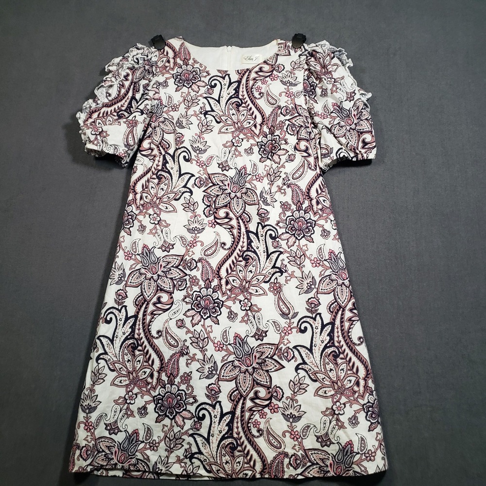 Eliza J Shift Dress Womens 8 Cream Paisley Linen Blend Ruffle Puff Sleeve Floral